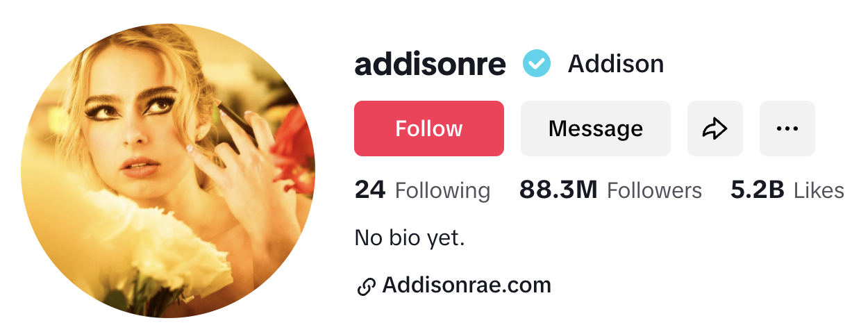 Addison Rae, a TikTok star known for her dance videos profile screenshot
