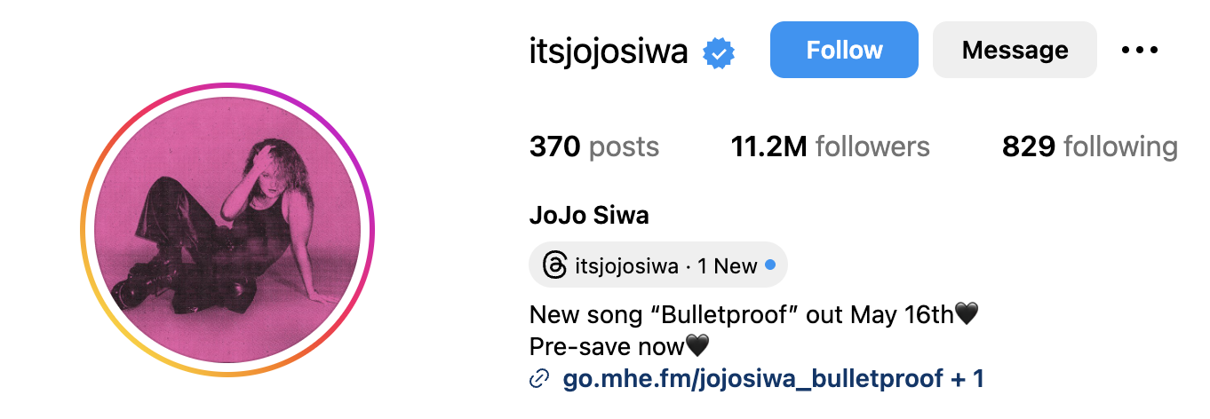 IG profile of  JoJo Siwa, teen YouTube star and former Dance Moms kid, 
