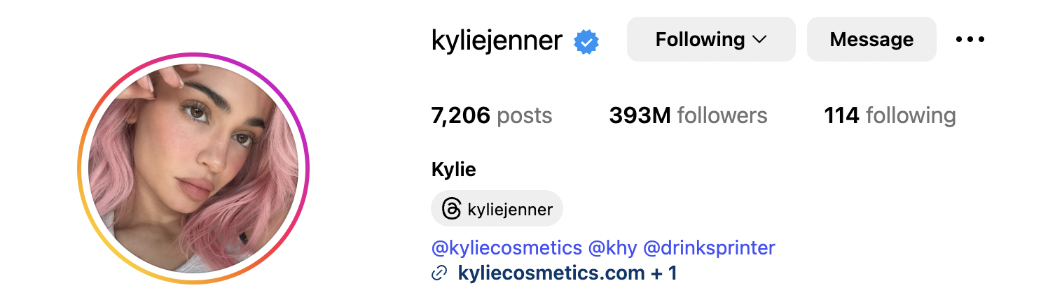 Kylie Jenner, a beauty industry mogul and top influencer IG profile header