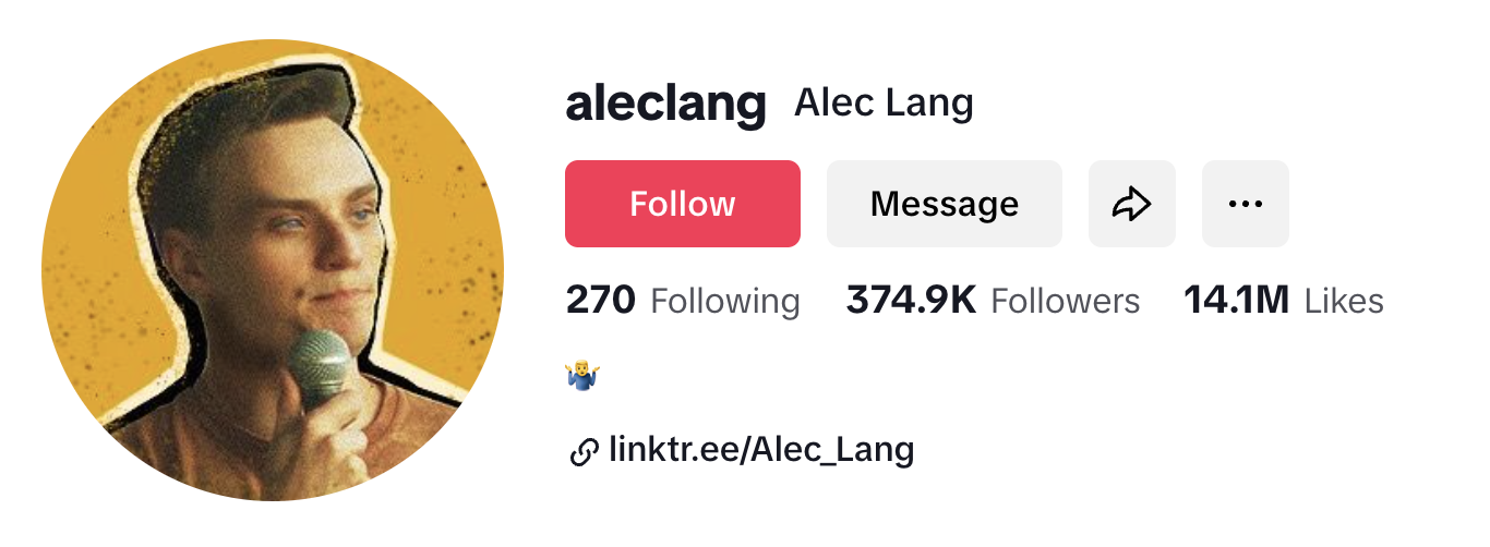 Tiktok profile photo of Alec Lang with an AI generated filter infront a yellow background