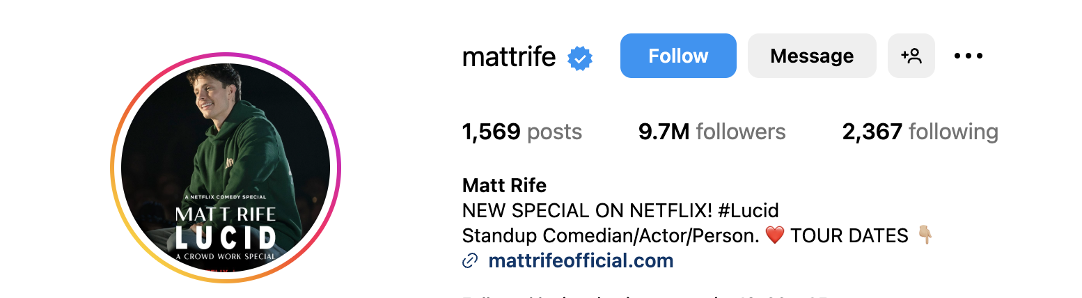 A screenshot of Matt Rife's instagram header
