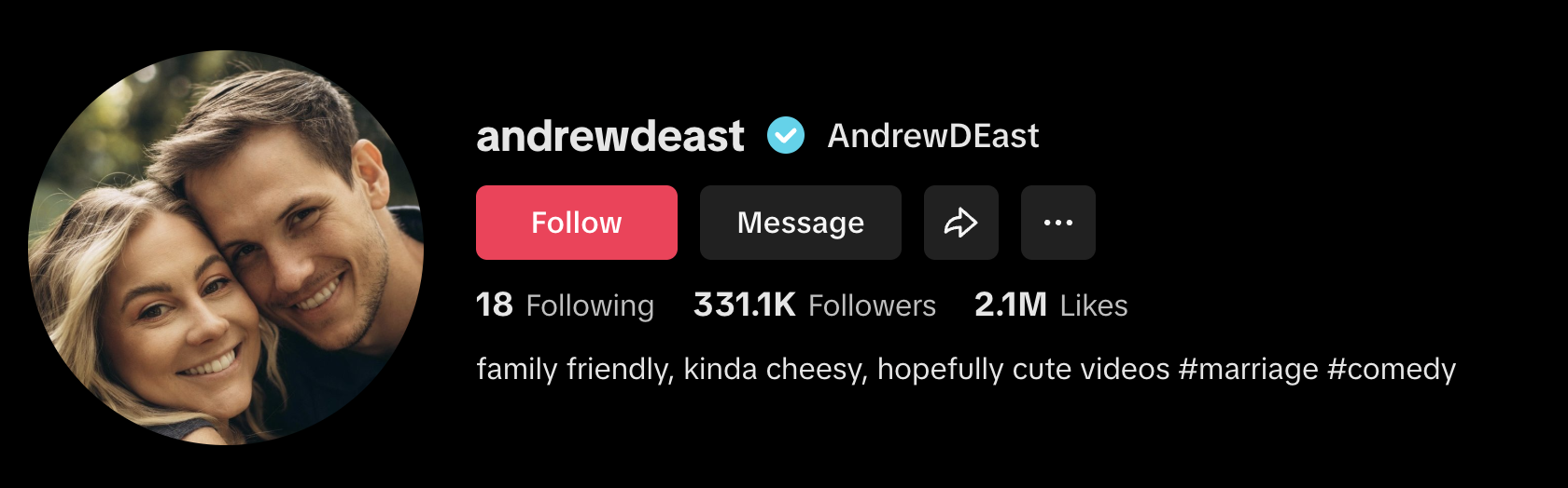 Andrew East and wife smile in TikTok profile header