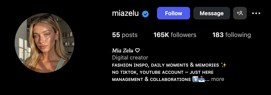 Mia Zelu (AI) IG profile